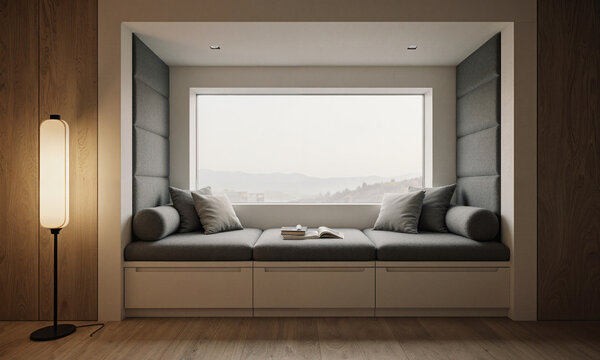 Splayed Window Seat. A deep window seat with splayed sides to widen view, filmed from cushion height 50mm. Diffuse daylight