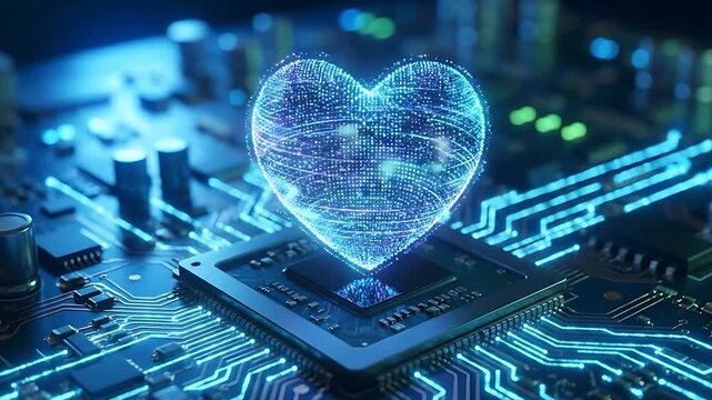 Futuristic Digital Heart Pulsating on a Computer Microchip Circuit Board