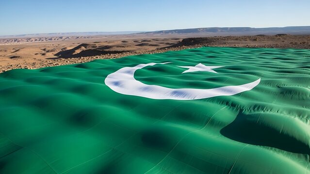 Pakistan flag waving in desert landscape with green field and white crescent moon