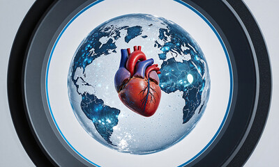 A colossal heart beating inside a transparent globe of clean water, wide telephoto angle with glowing refractions, symbolic compassion sustaining
