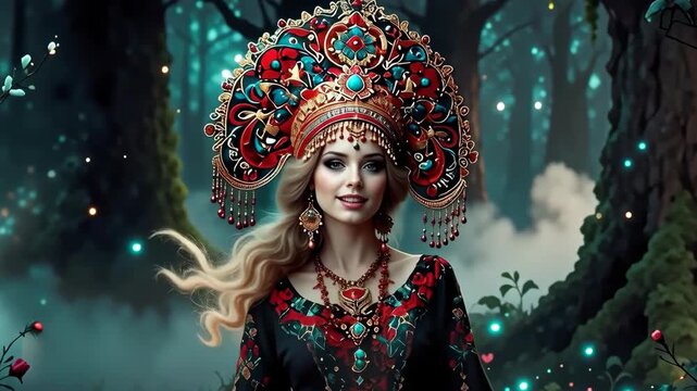 A Russian beauty in a red and blue kokoshnik is surrounded by flowers. She walks through the forest and sings.