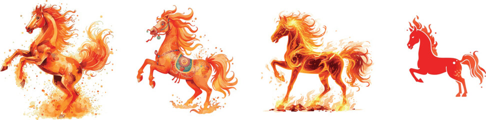 Watercolor set fire Horse Vector Image for Chinese New Year. Isolated on white background 