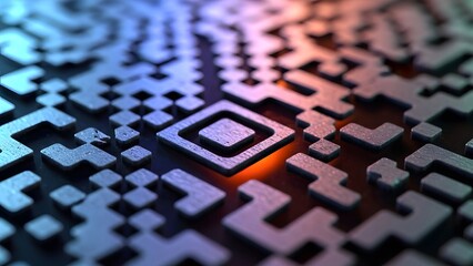 A close-up view of a digital circuit board with a central square pattern, illuminated by a warm orange glow, showcasing technology and circuitry.