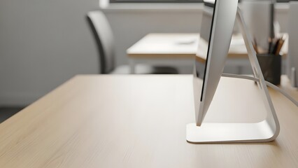 Modern office desk with digital tablet stand on light wooden surface in a contemporary workspace with blurred background