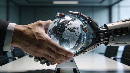 Trade protectionism - A human and robotic hand engage in a handshake while passing a glass globe, symbolizing global supply chain collaboration in a corporate setting.