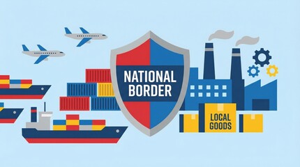 Obraz premium Trade protectionism - Border protection graphic illustrating halted cargo ships and airplanes to support domestic industry and enforce trade regulations.