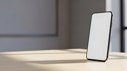 Smartphone standing upright on a light wooden table with a blank screen in a softly lit indoor environment with subtle shadows