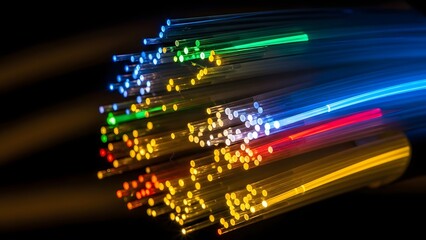 Vibrant fiber optic cables with glowing colorful lights and dynamic motion creating a mesmerizing display of technology and modern communication