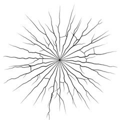 Obraz premium Radial Crack Pattern with Black Spreading Lines from a Central Impact Point, Representing Shattered Glass or Ice Texture on White