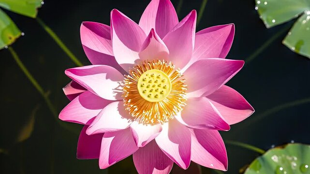Exquisite top-down time-lapse of a brilliant pink sacred lotus fully opening, its illuminated petals reflecting golden sunlight against the deeply contrasting dark pond water.