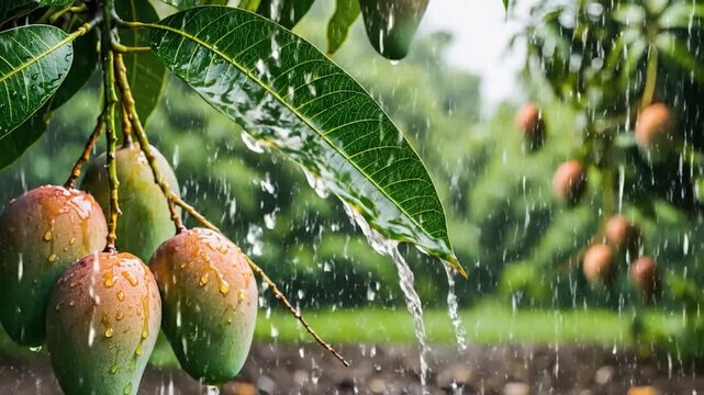 Lush mango grove during a gentle rain shower, ripe fruits hanging over a wet path