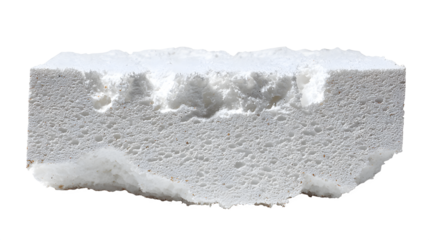 A jagged piece of white styrofoam broken off on a plain white background for design and crafting purposes with texture and edge and materials