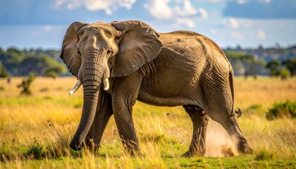 Fototapeta premium African elephant walking in a grassy savannah on a sunny day.