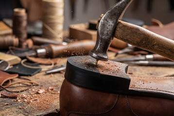 Professional shoemaker or cobbler hammering a nail into the heel of a brown leather shoe in workshop