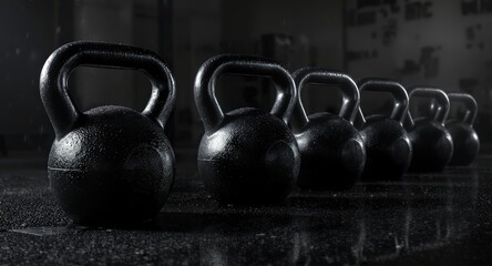 Black Kettlebells on Wet Gym Floor in Dramatic Lighting for Fitness and Strength Training