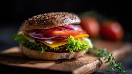 Artisan burger with fresh vegetables on a rustic wooden board table