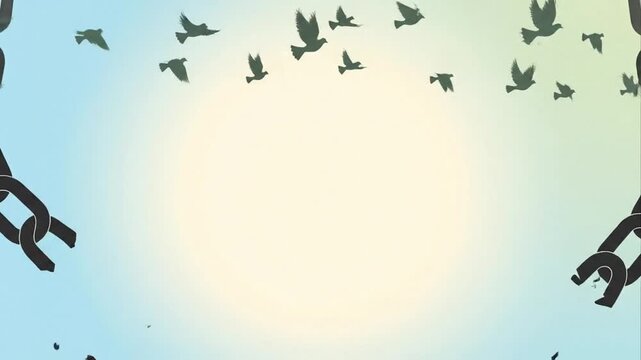 Broken chain and flying birds symbolize freedom and liberation