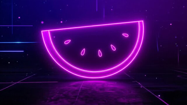 Glowing neon watermelon slice, with seeds, on a dark grid with a dark purple and blue background