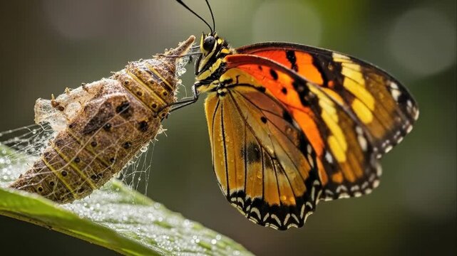 Butterfly emerging from chrysalis insect transformation natural process close up
