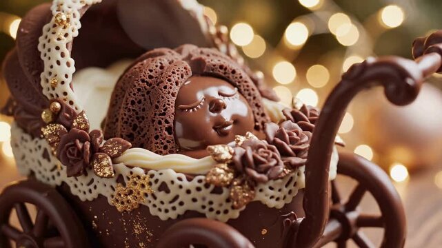 Chocolate baby in pram with golden details and bokeh lights