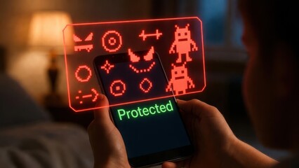 A smartphone displaying a digital security interface with a hologram of virtual threats being blocked, representing mobile protection, malware defense, and online security for mobile users.