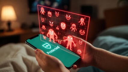 A smartphone displaying a digital security interface with a hologram of virtual threats being blocked, representing mobile protection, malware defense, and online security for mobile users.