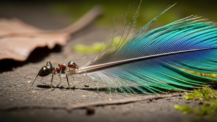 Ant Carrying Feather Fiber
