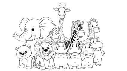 Fototapeta premium Cute safari and zoo animals coloring book page illustration for kids featuring elephant, lion, giraffe, and zebra