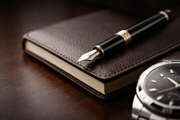 imA sophisticated flat lay featuring a leather-bound notebook, luxury fountain pen, and an elegant wristwatch, symbolizing professionalism, productivity, and attention to detail in business and person