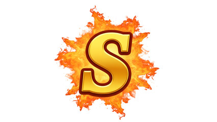 3D Golden Letter S Engulfed in Realistic Orange and Yellow Fire Flames and Sparks Isolated on White Background for Branding and Design