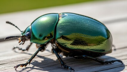 Ultra-realistic macro photograph of metallic beetle shell reflecting greenery