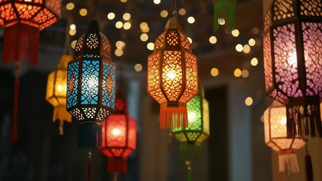 Colorful Eid lanterns glowing at night with soft bokeh lights