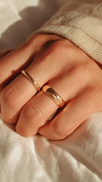 Delicate gold rings on fingers resting softly on white fabric surface