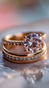 Elegant Gold Rings with Sparkling Diamonds on Soft Background