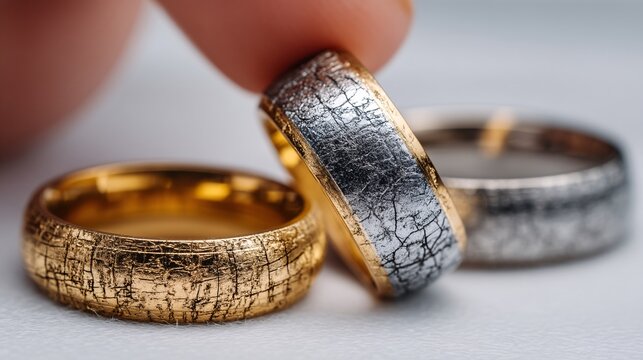 Elegant Close-Up of Three Unique Wedding Rings with Textured Designs