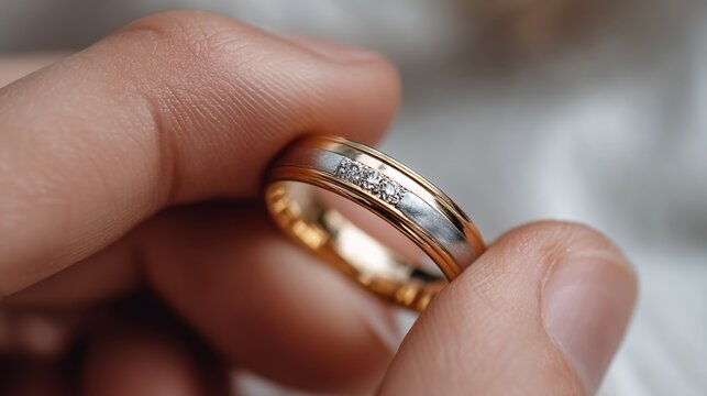 Close-Up of Elegant Two-Tone Wedding Band Held in Hand
