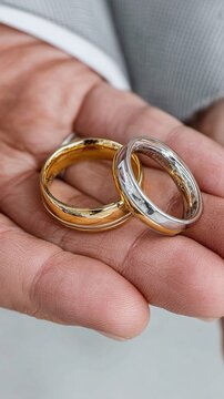 Elegant Gold and Silver Wedding Rings in a Hand for Love Ceremony