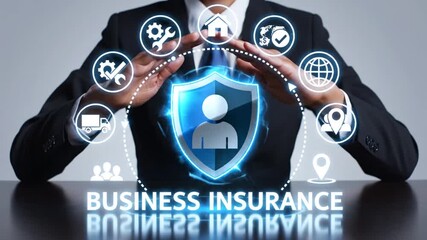 A businessman presenting a digital network of interconnected icons representing security data protection and comprehensive business insurance solutions for a modern enterprise
