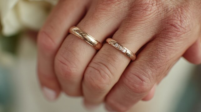 Close-up of Two Hands Holding Wedding Rings: Gold and Diamond Bands