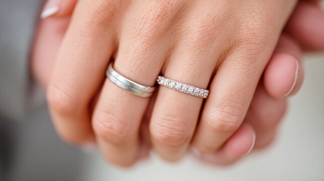 Close-Up of Intertwined Hands with Wedding and Engagement Rings