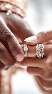 Elegant Close-Up of Wedding and Engagement Rings on Hands