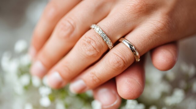 Close-Up of Two Elegant Wedding Rings on a Bride's Hand with Flowers