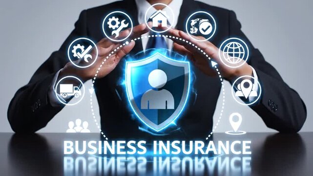 A businessman presenting a digital network of interconnected icons representing security data protection and comprehensive business insurance solutions for a modern enterprise