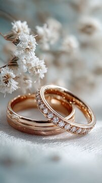 Elegant Gold Wedding Rings with Floral Accent and Soft Background