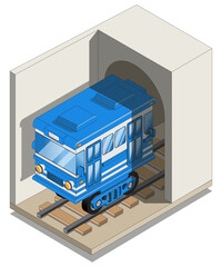 A subway car in a tunnel. Isometric. Isolated on a white background. Vector illustration.
