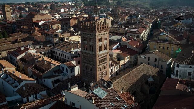Aerial drone footage of Teruel's famous El Salvador tower in Spain. High quality 4k footage