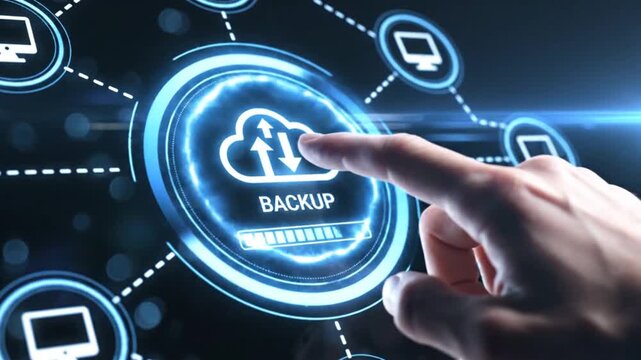 A hand interacts with a digital interface displaying a cloud backup process emphasizing data security and synchronization for multiple devices