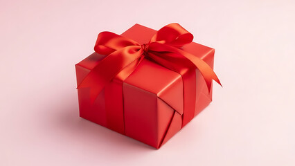 Obraz premium Beautifully wrapped red gift box with shiny ribbon bow on pink background for special occasions