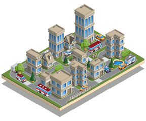 Cityscape. Isometric. Isolated on white background. Vector illustration.