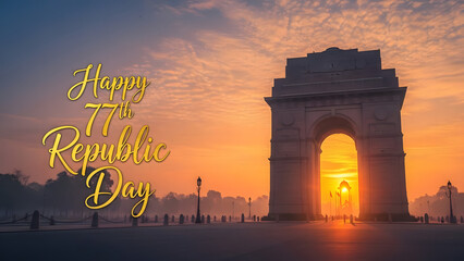 Golden Sunset at India Gate with Happy 77th Republic Day Greeting Text and Vibrant Sunrays